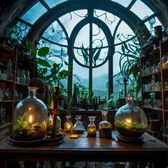 Enchanted apothecary filled with glass jars and plants overlooking a misty mountain landscape