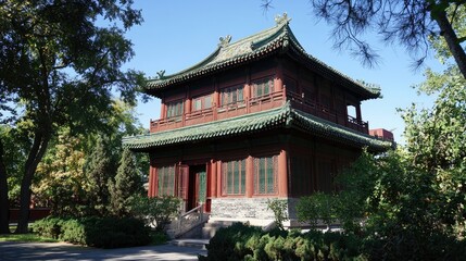 Traditional Chinese red wooden pavilion in a park.