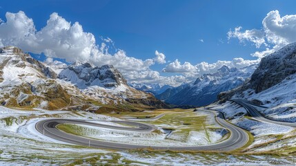 The stunning beauty of the Julier Pass, with its winding roads, snow-capped peaks, and clear blue skies