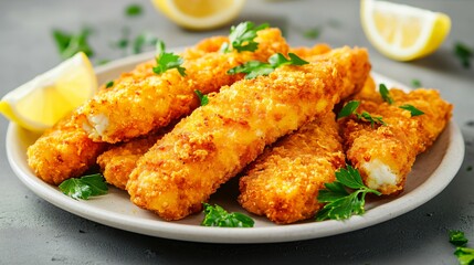 Fototapeta premium Golden French fried eggplant slices isolated on a neutral grey background, garnished with sprigs of parsley and lemon wedges