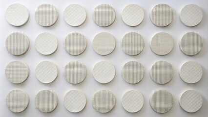 Abstract off-white textured circular patterns arranged in a grid on a neutral background