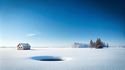 Serene Winter Landscape Solitary House, Frozen Pond, and Snow-Covered Field Under a Clear Blue Sky