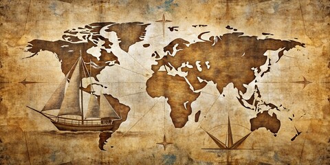 Fototapeta premium Antique World Map with Sailing Vessel and Compass Rose Depicting Global Exploration