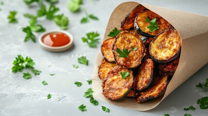 Golden French fried eggplant slices served in a paper cone, isolated on a light grey background with scattered parsley leaves