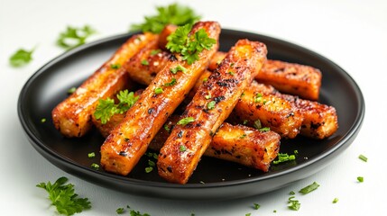 Fototapeta premium Golden French fried eggplant sticks arranged on a black ceramic plate, isolated on a minimalist white background with decorative herbs