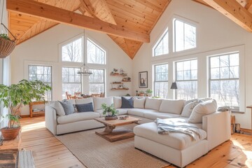 Fototapeta premium Spacious modern farmhouse interior vaulted wooden ceiling