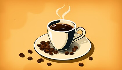 Obraz premium Steaming cup of coffee with beans. Vintage style illustration.