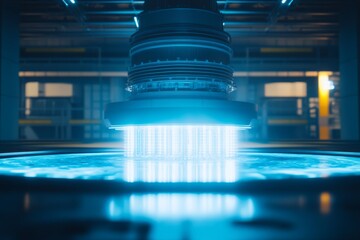 Blue-lit advanced technology machinery, highlighting innovation and industrial prowess in a futuristic setting.
