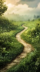 Fototapeta premium Winding pathway through lush greenery in a serene natural landscape during daylight