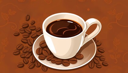 A cup of coffee with coffee beans.