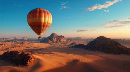 Fototapeta premium Hot air balloon adventure in desert landscape at sunset viewpoint