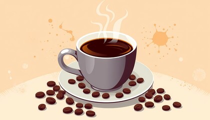 Obraz premium A steaming cup of coffee with coffee beans.