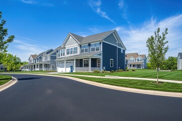 Suburban neighborhood new construction homes pastel colors white trim traditional architecture