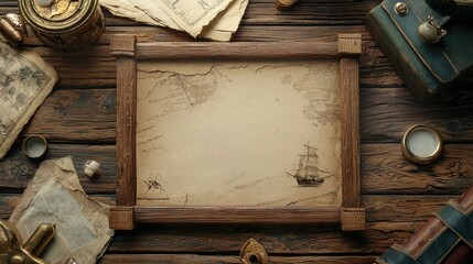 Antique map framed on rustic wood with nautical items.