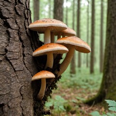 Close-up of Wild Mushrooms Growing on a Tree Trunk in Forest