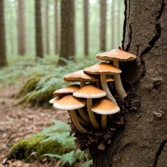 Fototapeta premium Close-up of Wild Mushrooms Growing on a Tree Trunk in Forest