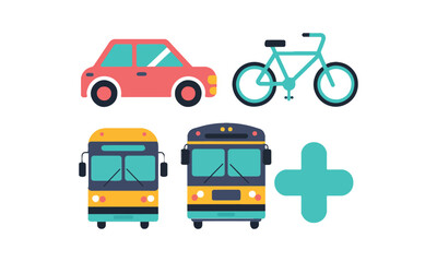 A collection of four distinct icons: a red car, blue bicycle, two yellow school buses, and a blue plus sign, arranged in a playful and simple design.