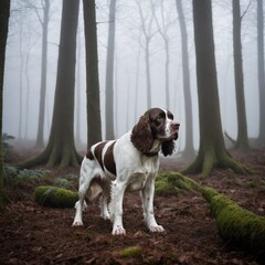 An English Springer Spaniel in a Fog-Enshrouded Forest