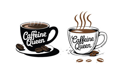 Three 'Caffeine Queen' Mugs: White & Brown with Coffee Beans and Steam