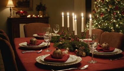 A festive dining table set for a Christmas feast, complete with delicious dishes and holiday decorations