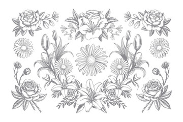 Black and white flowers set