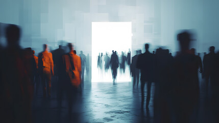 Mysterious figures approaching light hopeful journey