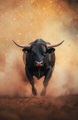 Black bull running through dusty landscape at sunset in rural area