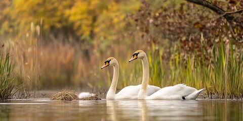 Fototapeta premium Swan on blue lake water in sunny day, swans on pond, nature series.