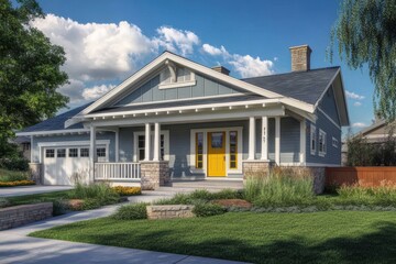 Charming craftsman bungalow pale gray exterior yellow front door covered front porch