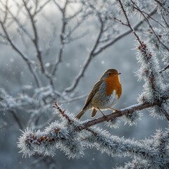 "A cheerful robin singing on a frosty tree branch, with a snowy winter landscape in the background."
