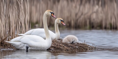 Fototapeta premium Swan on blue lake water in sunny day, swans on pond, nature series.