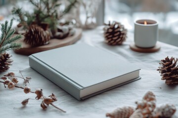 A serene winter setting with a candlelit table adorned with pinecones and greenery, inviting warmth and seasonal coziness.