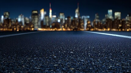 Asphalt road leading into the city at night, with selective focus creating a striking background