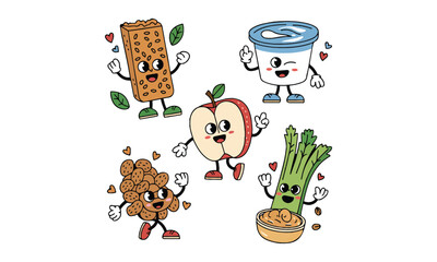 Cute Animated Food & Beverage: Apple, Yogurt, Milk, Coffee, Bread, Muffin & Juice