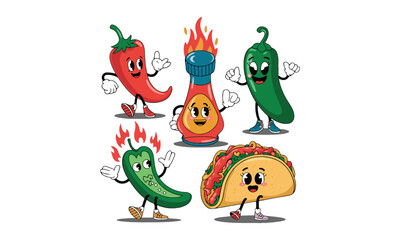 Cute Animated Chili Peppers, Hot Sauce & Taco with Smiles and Fun Expressions