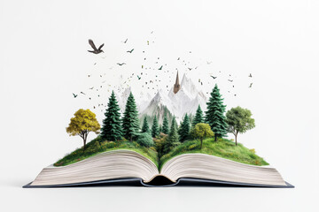 Open book, autumn nature inside. Imagination, fantasy, magic in literature concept. Season fairy tale, storybook, textbook. Lake, forest landscape picture. Leaves, cup of tea.