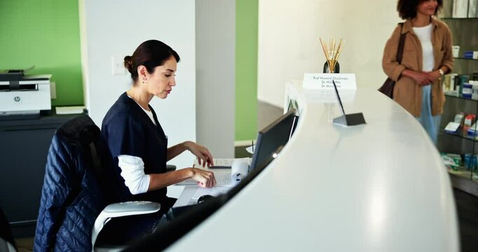 Healthcare, receptionist and paper at doctor for appointment, schedule and client report. Woman, admin and clipboard in office for patient registration, insurance information and details in lobby