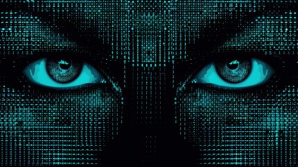 Halftone letter binary code pattern forming a pair of eyes. Coding language symbols forming a human form. Artificial intelligence technology futuristic background