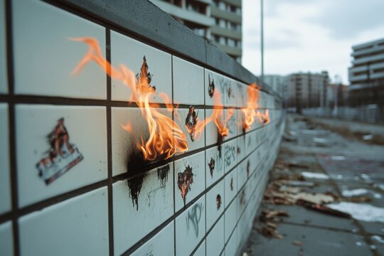 Flames lick a graffiti-covered tiled wall in an urban environment, with buildings in the background adding to the desolate yet vibrant scene.