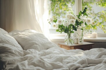 Cozy bedroom soft white bedding rumpled duvet fluffy pillows natural light window