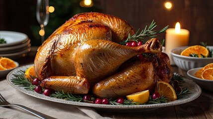 Delicious roasted turkey on festive table, closeup