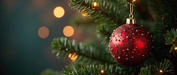 Obraz premium a shiny glass ball hanging on a Christmas tree