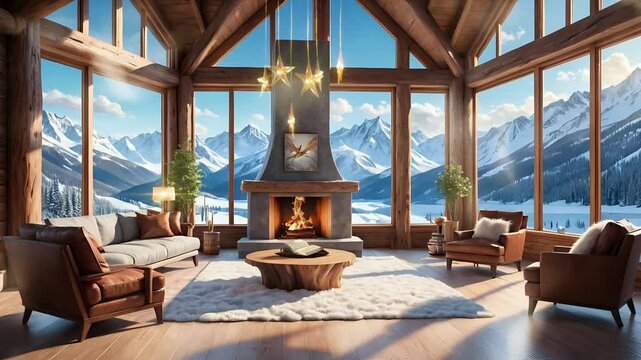 Luxurious mountain chalet living room with panoramic snowy mountain views and fireplace