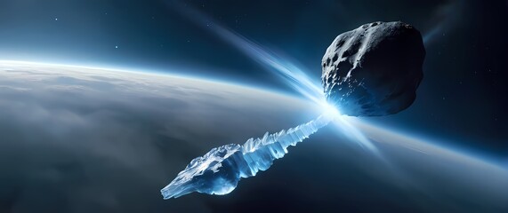 A comet like asteroid with a glowing ice tail tumbling slowly as it approaches a planet with swirling blue clouds