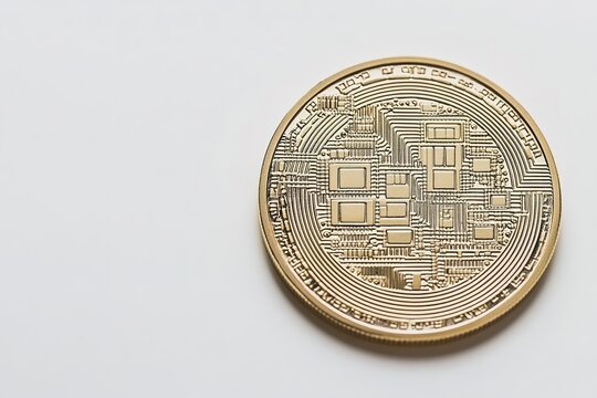 Golden cryptocurrency coin on clean, white background.
