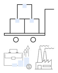 Cart with boxes, business briefcase, financial growth chart with dollar sign, and factory. Ideal for logistics, business strategy, financial growth, economic development, manufacturing trade supply