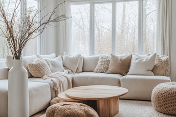 Cozy modern living room large L shaped beige sectional sofa