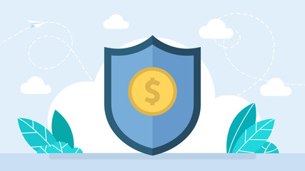 Insurance of deposits, savings. Shield Dollar Icon. Blue shield with Gold dollar sign. Money safety , insurance, business and finance concept. Cartoon minimal style. Flat illustration