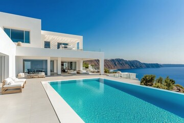 Fototapeta premium Modern villa with infinity pool overlooking the ocean in a coastal location
