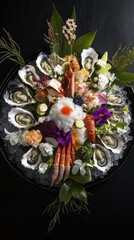 A beautifully arranged seafood platter featuring oysters, shrimp, and decorative elements.